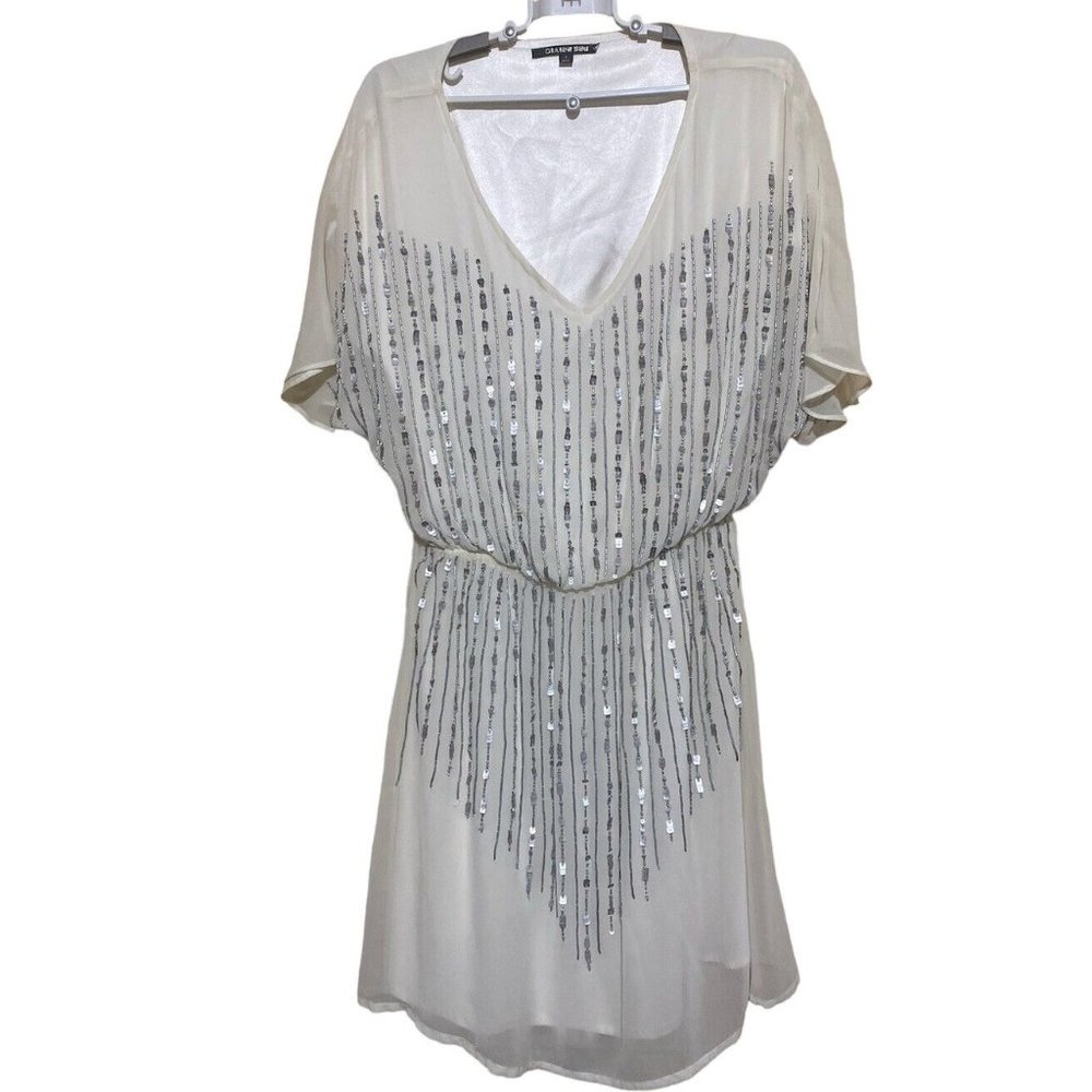 Gianni Bini Sol Dress Size Small Ivory/White Silver/Gray Sequined Beaded NEW